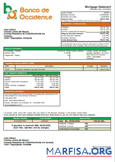 Printable Honduras Banco de Occidente Bank mortgage statement scr real example